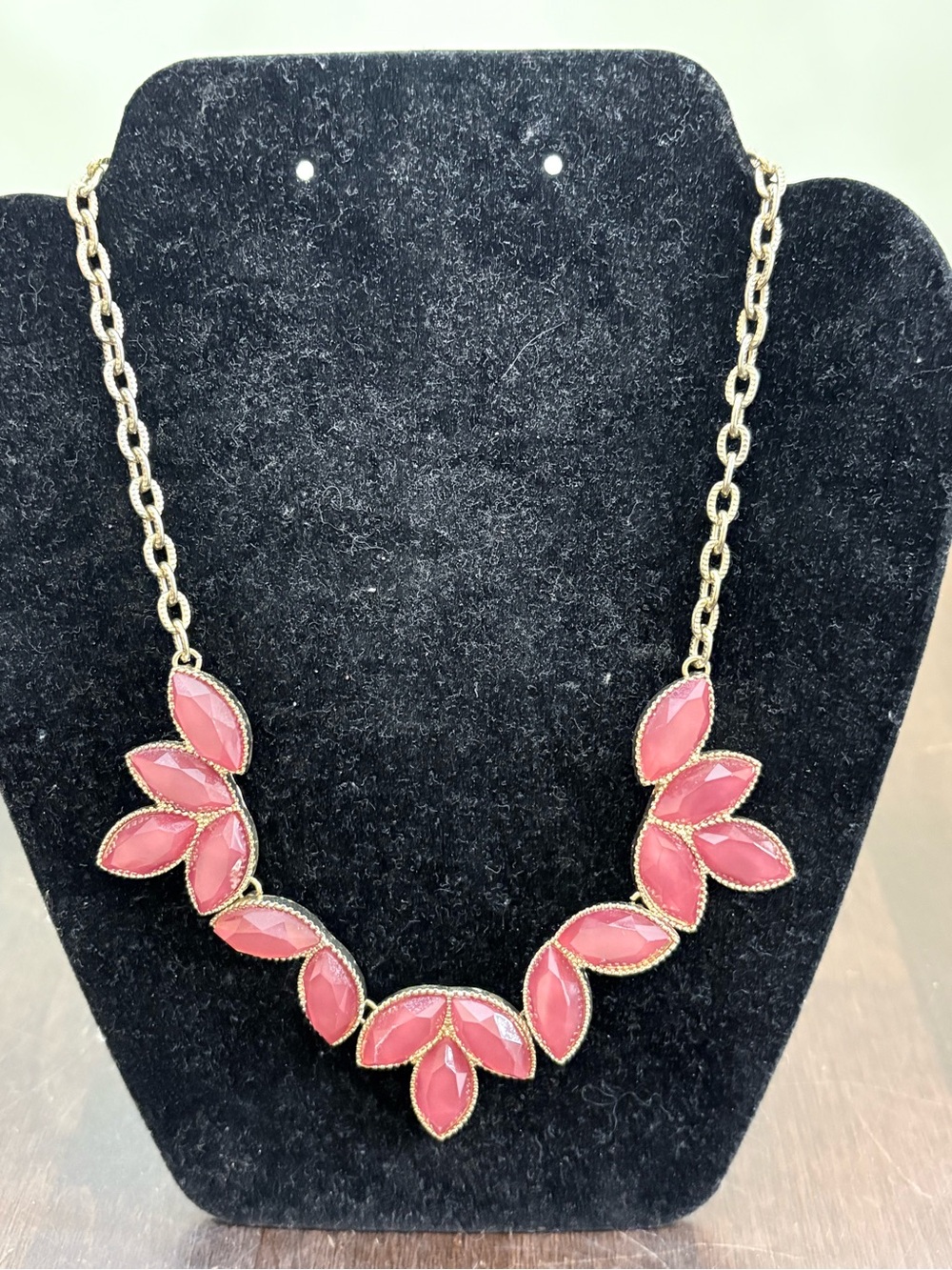 Pink Marquise Statement Necklace Gold Tone Bib Style